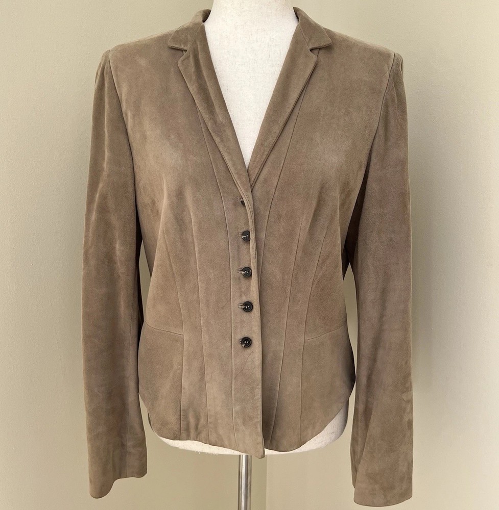 VTG Anne Klein Womens Fitted Suede Leather Jacket Sz M Tan Equestrian Boho Chic