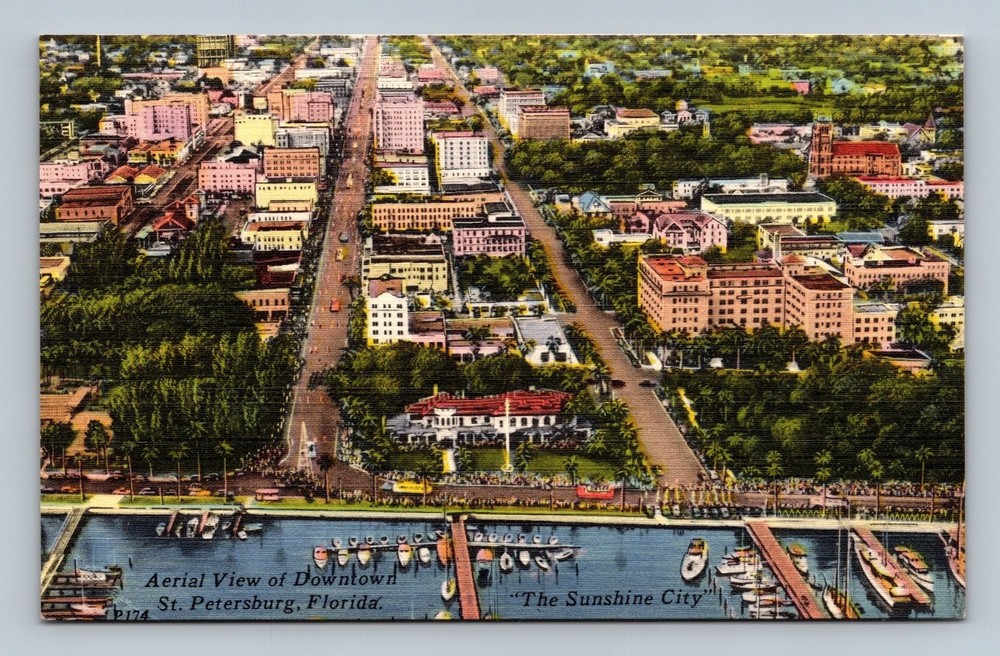 Vintage Aerial View Postcard Downtown St. Petersburg Florida Bayshore