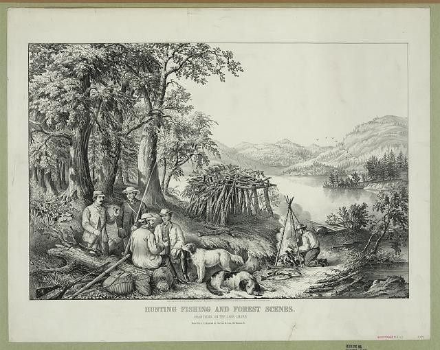 Hunting fishing,forest scenes: shantying,on the lake shore,c1867,Currier & Ives