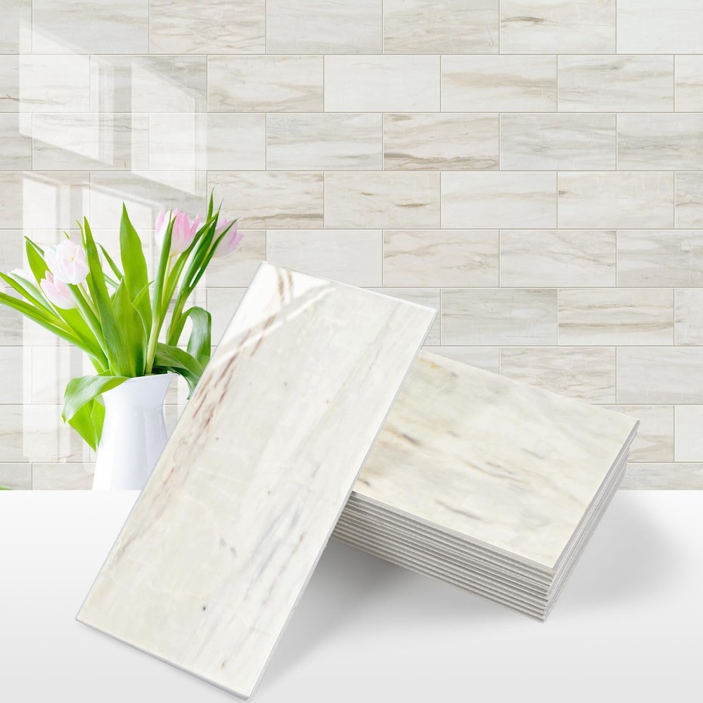 100-Piece Glossy Wooden Marble Grain Peel and Stick Backsplash Tile,3''x6'' P...