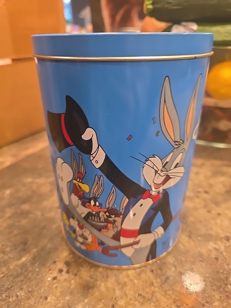 Vintage 1989 Brachs Jelly Bean Tin Can Empty Blue Bugs Bunny Looney Tunes Birthday Collectible