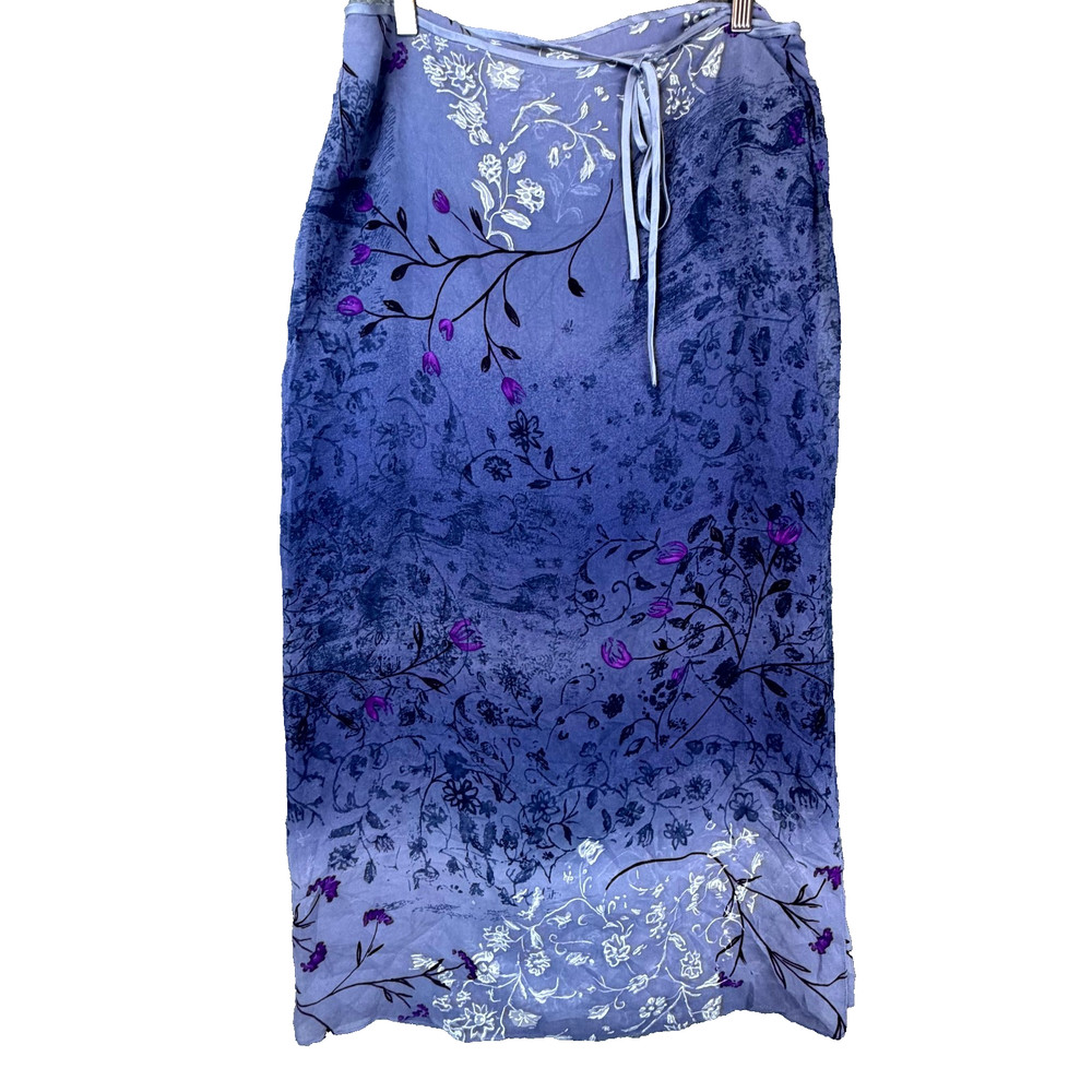 Vintage Dana Buchman Maxi Skirt Women 12P Purple Floral 100% Silk 90's Tie Waist
