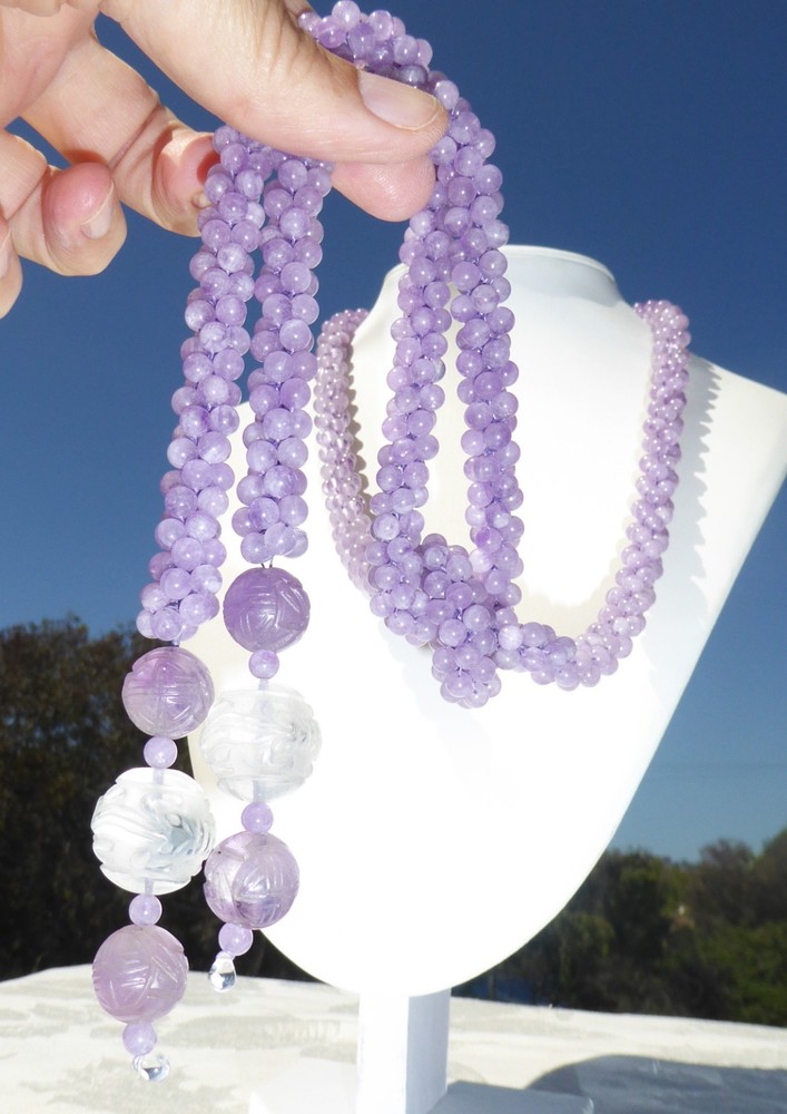 VINTAGE CHINESE EXPORT NECKLACE Lavender Amethyst Beads Carved Rock Crystal LRG