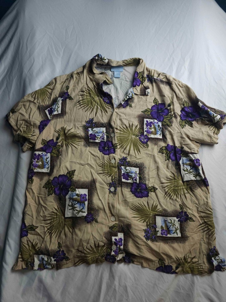 Liz & Me Shirt Womens 2X 22/24W Beige Purple Floral Tropical Beach Summercore