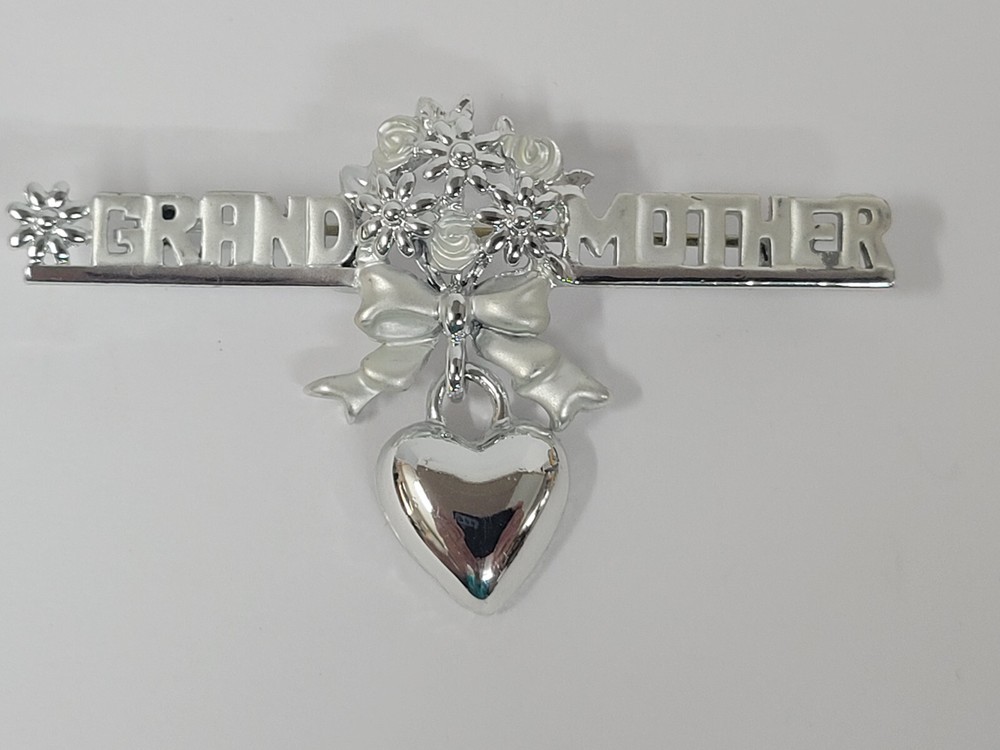 Vintage Shiny & Matte Silver Tone Grandmother Flower Heart Dangle Pin Brooch