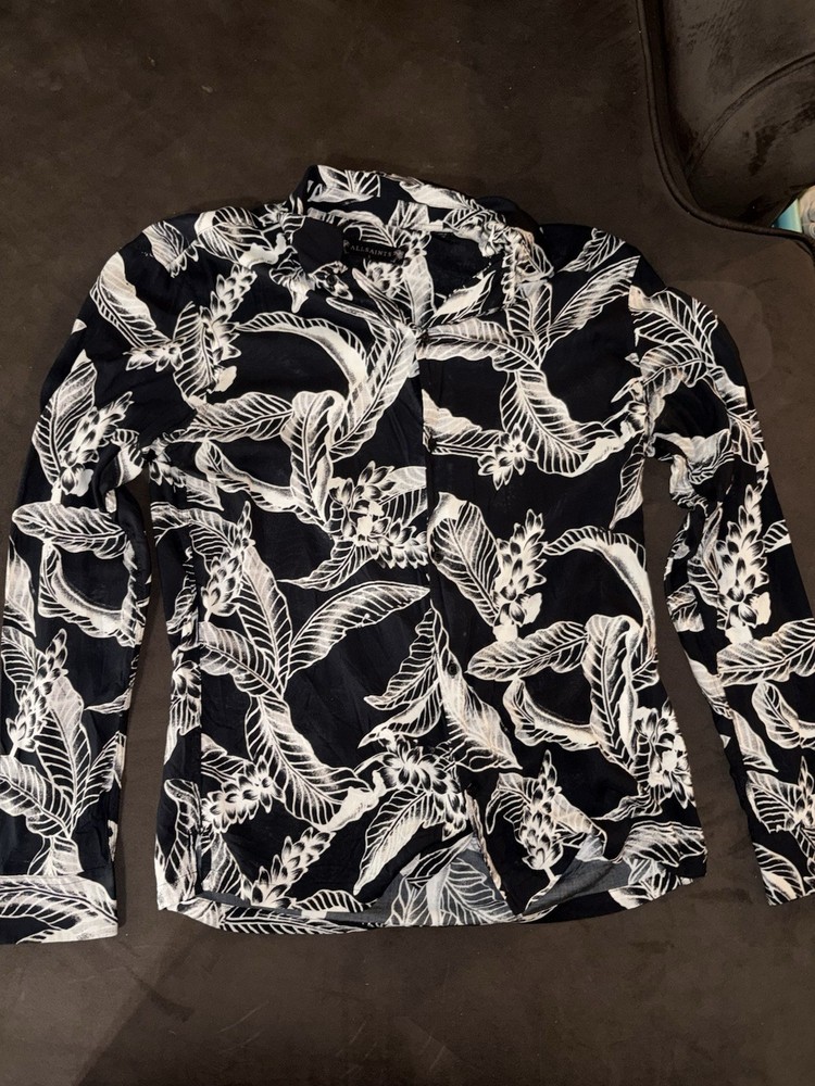 AllSaints Kahuna Shirt Black White Floral Palm Camp Viscose Long Sleeve Size L
