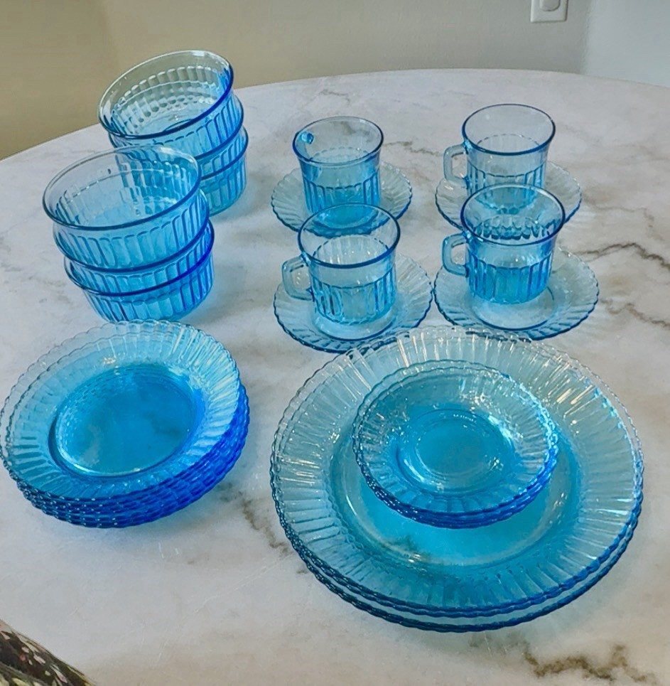 Vintage Mid Century Fortecrisa Ice Blue Azure Glass Place settings ~ lot 29 pc