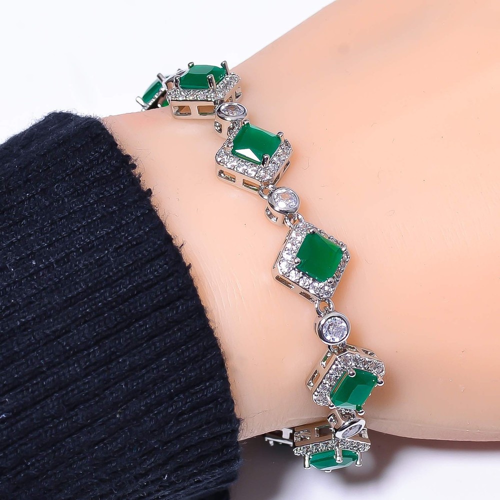 Emerald Simulated and CZ Sterling Silver Tennis Bracelet 7.99 Inch B974371319