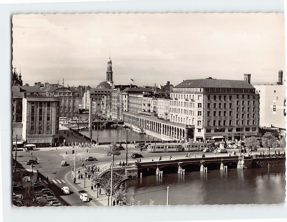 Postcard Alsterarkaden and the Reesendamm Bridge in Hamburg Germany