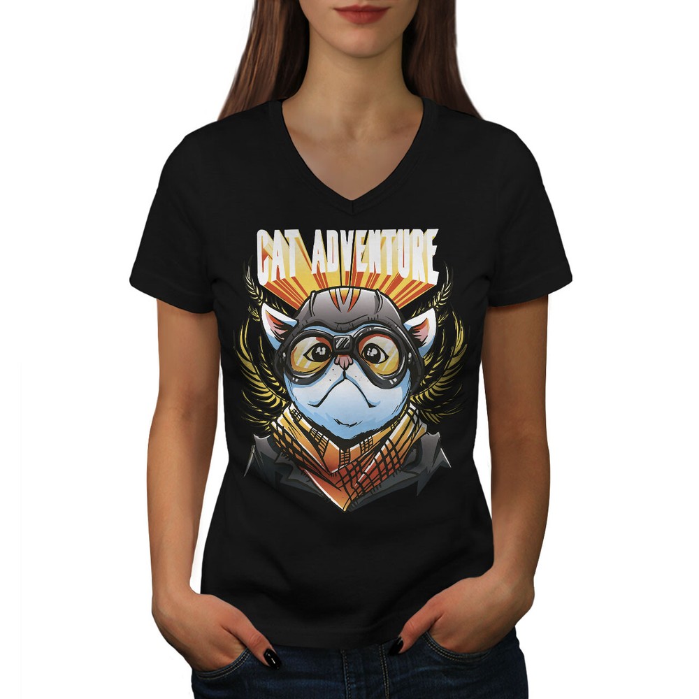 Wellcoda Cat Adventure Pilot Cartoon Cat Womens V-Neck T-shirt