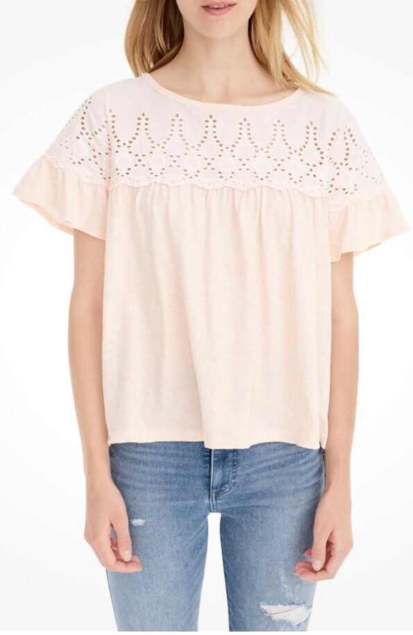 J CREW  womens Pink Eyelet Flutter Short Sleeve Top Size Small