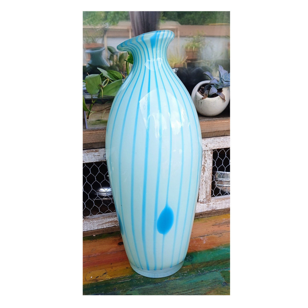 Vtg Turquoise Blue White Striped Art Glass Vase Cased Hand Blown