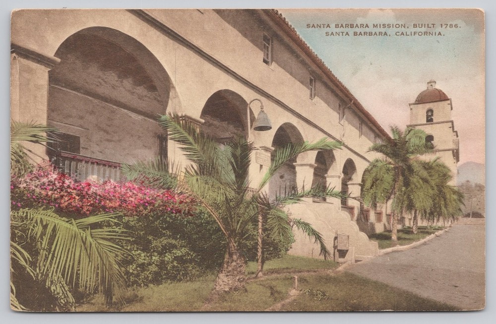 Vintage Hand-Colored Postcard Santa Barbara Mission California c1910s