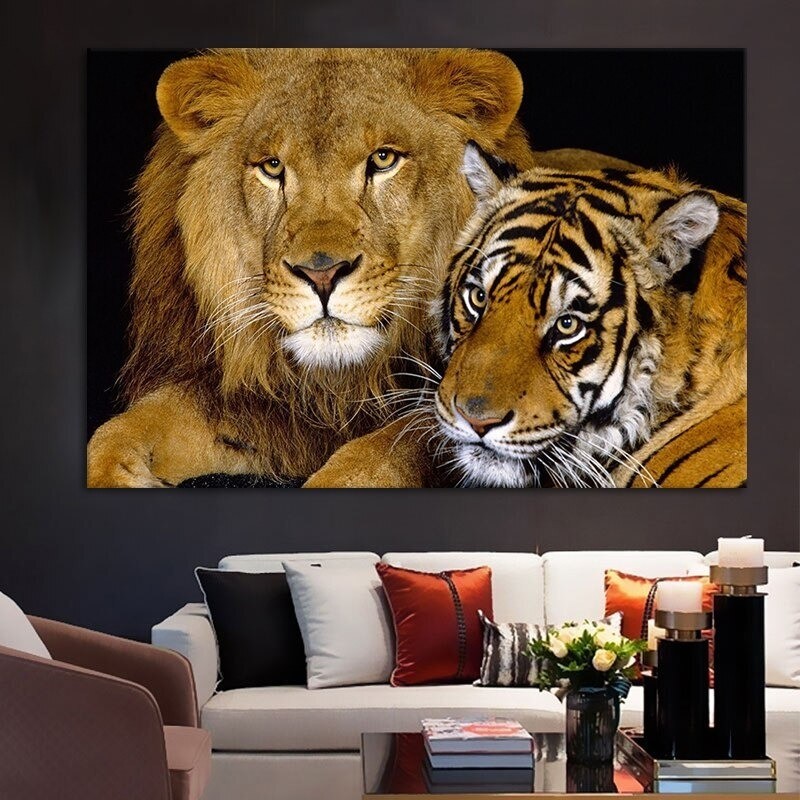 Black and White Tiger Poster Print Animal Canvas Painting Leopard Lion Wall Art