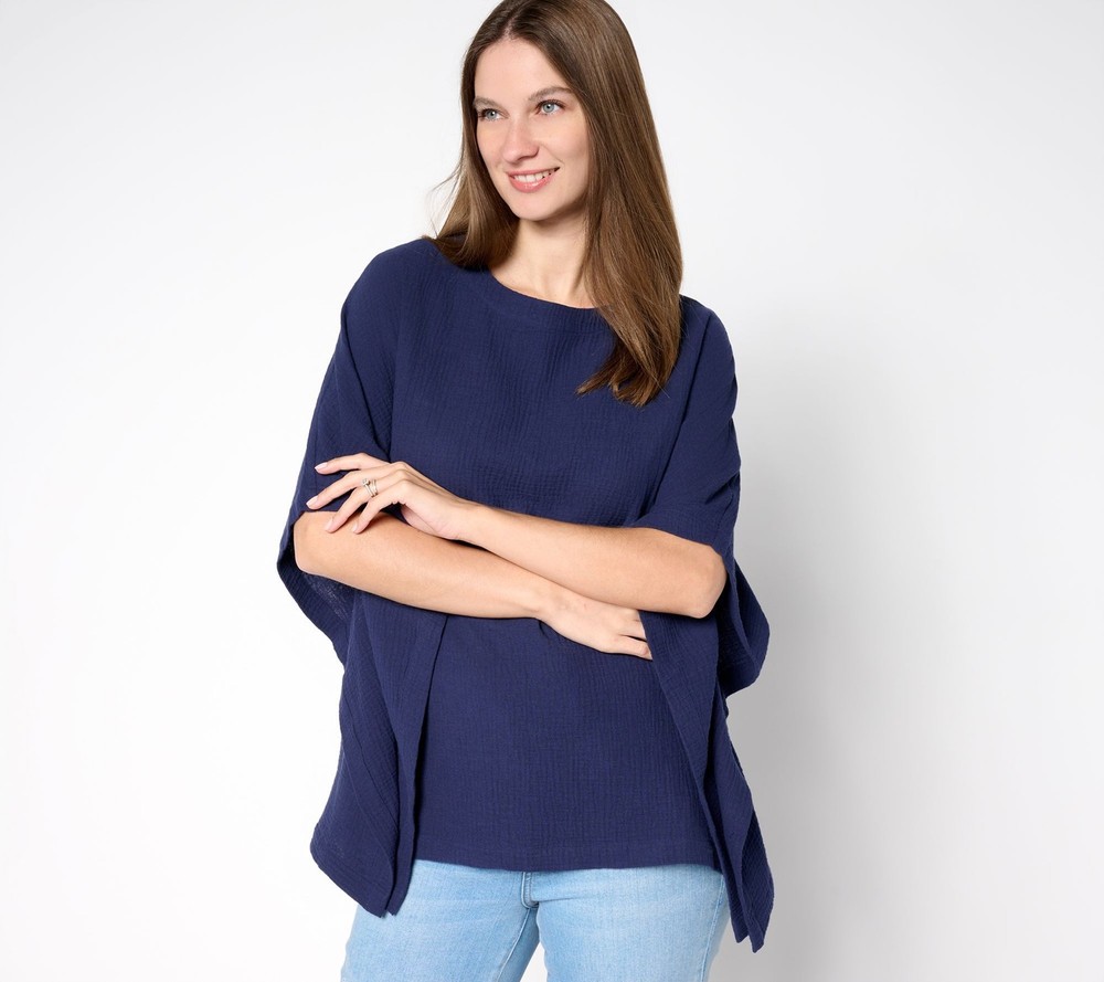 Belle by Kim Gravel Women's Top Sz S 100% Cotton Gauze Poncho Blue A691536