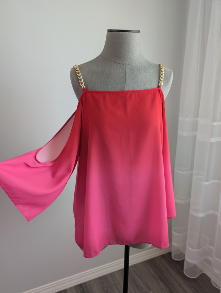 Bold Elements Women's XL Red & Pink Ombre Cold Shoulder Chain Strap Blouse NEW
