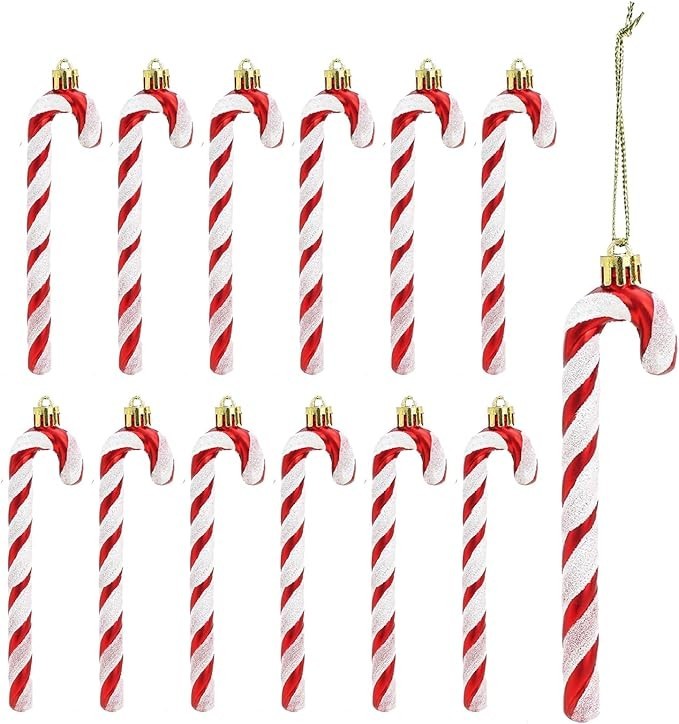 12pcs Plastic Christmas Glitter Candy Cane Ornaments Canes Red