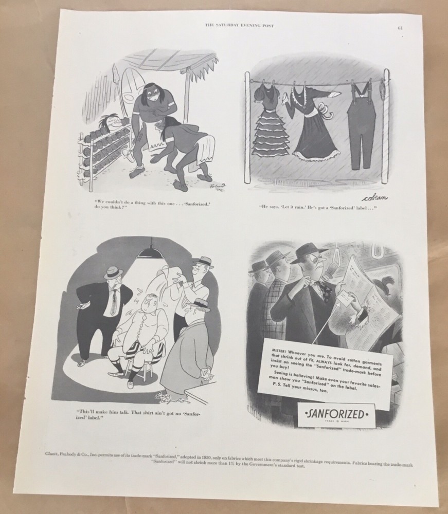 Sanforized fabric print ad 1951 orig 1950s vintage retro art Sam Cobean illus.