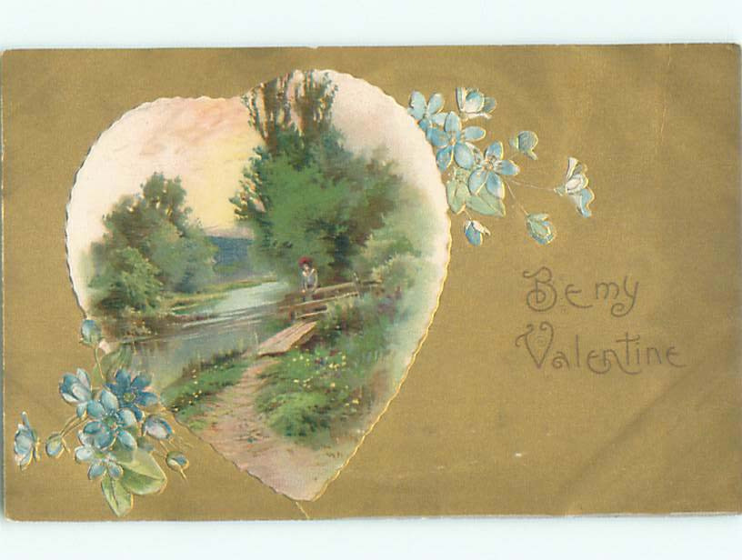 Pre-1907 Vintage Peaceful Country Scene Large Heart with Floral Design k9200