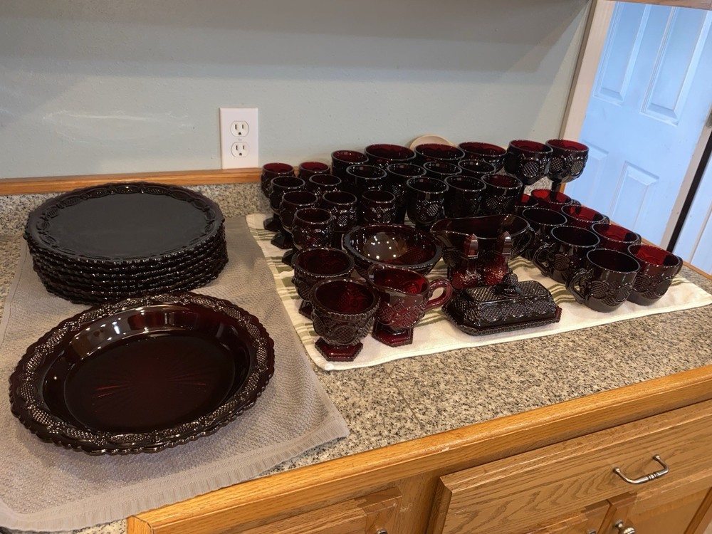Dark Red Pressed Glass Dinnerware Set Plates Goblets Mugs Bowls Butter Dish