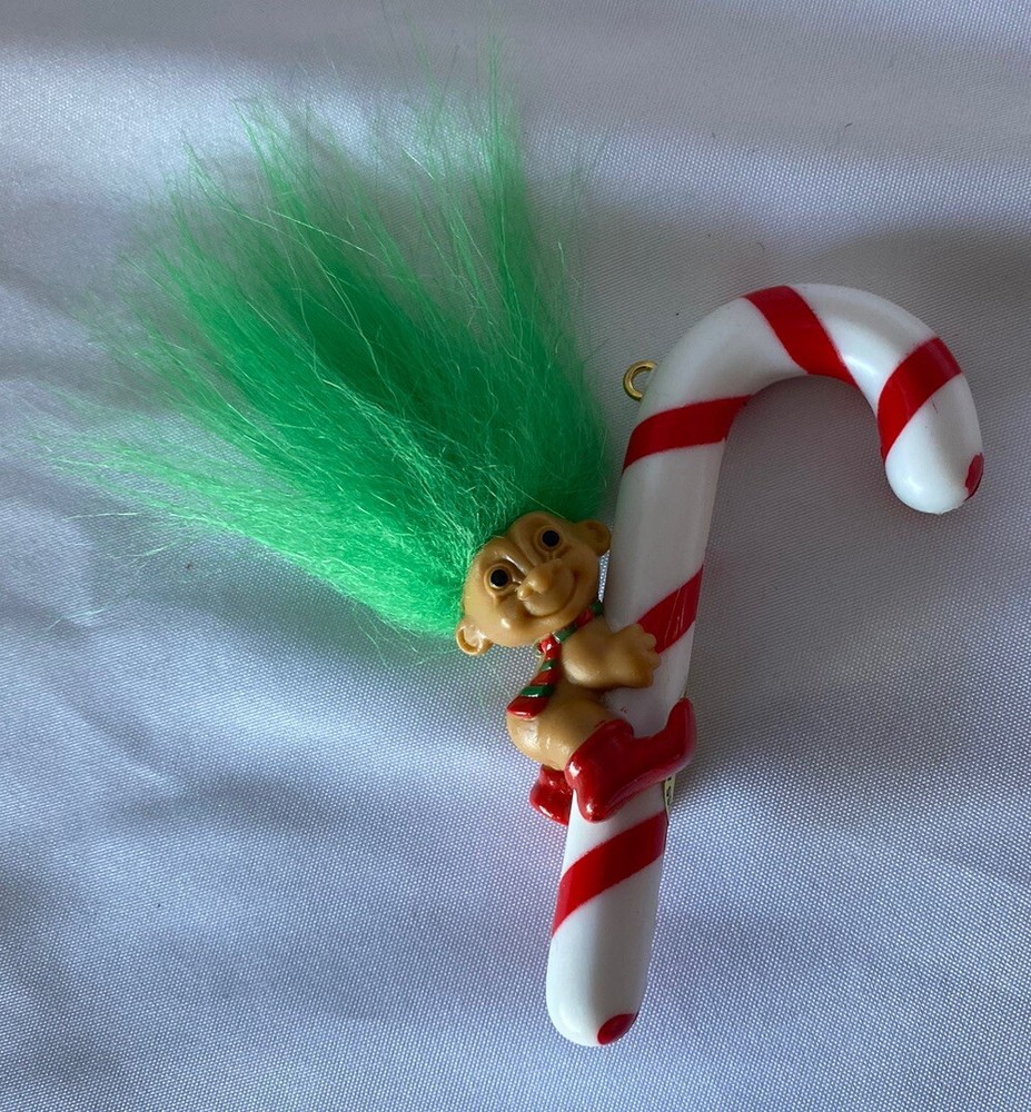 VTG Russ Peppermint Candy Cane Troll Doll Red Hair Christmas Tree Ornament