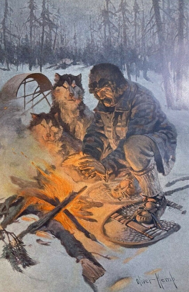 1911 Vintage Magazine Illustration Oliver His Christmas Fireside in Wilderness