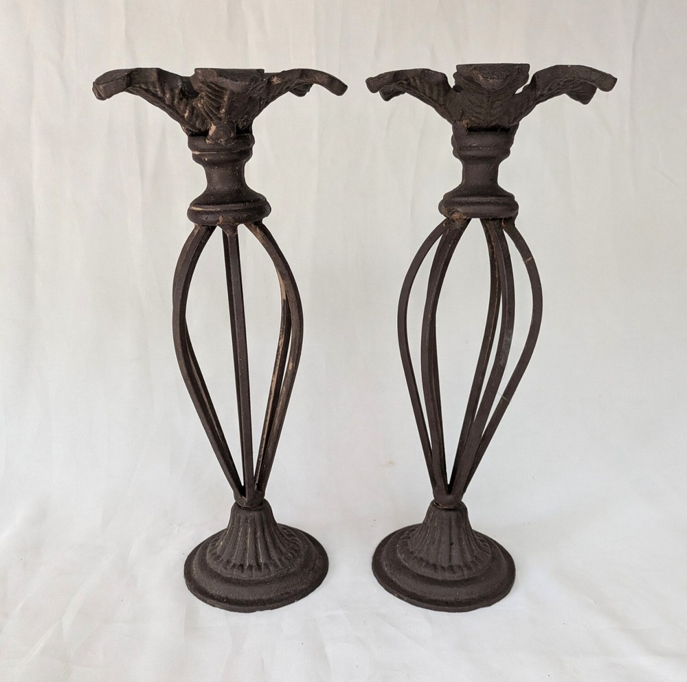 Pair of Cast Iron Palm Leaf Pillar Candle Holders 13