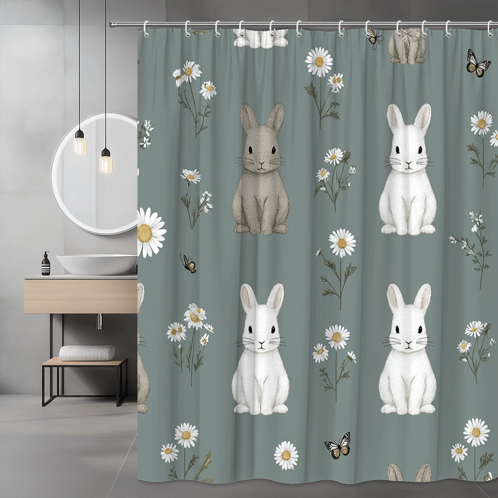 Bunny and Daisy Shower Curtain, Floral Rabbit Print