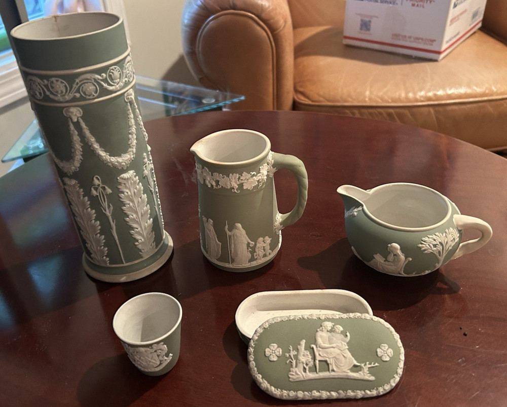 Vtg 19thC WEDGWOOD Sage Green Dip Jasperware Set 6 Pitcher Spill Vase Cup Box et