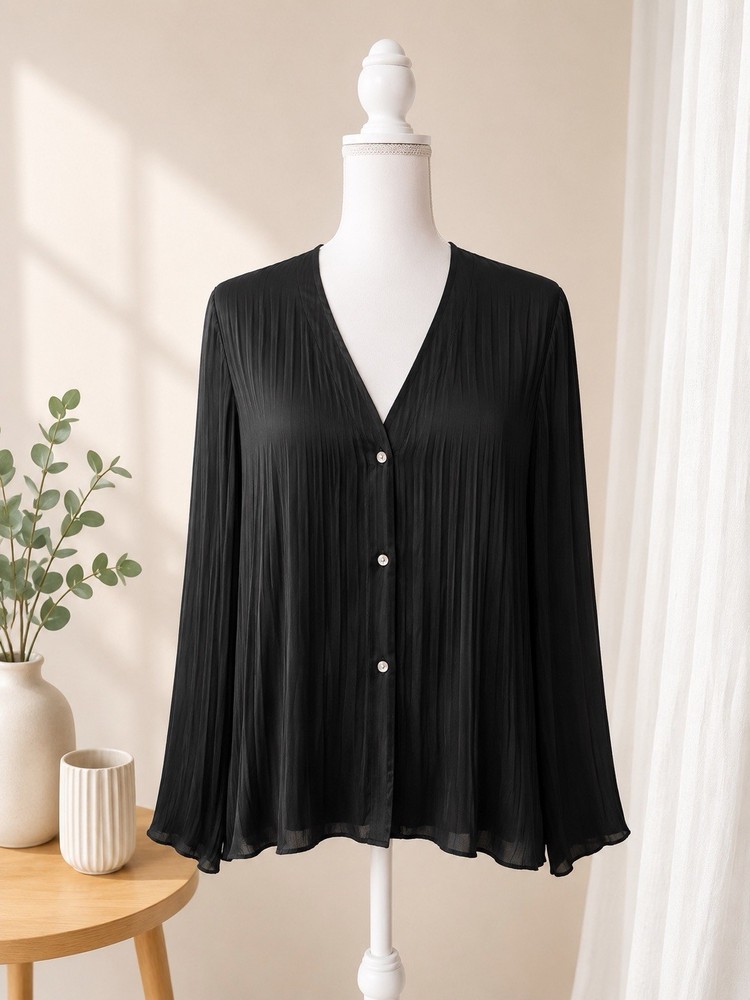 Vince Black Pleated V-Neck Button Front Women's Top