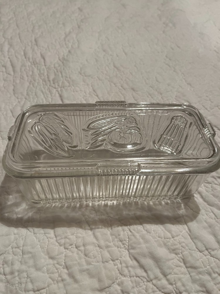Federal Glass Refrigerator Storage Dish Ribbed w Embossed Vegetable Lid Vintage