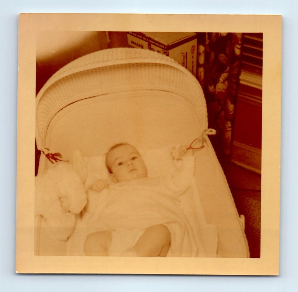 Old Vintage Square Color Photo SOLO BABY IN BASSINET SNAPSHOT PHOTOGRAPH