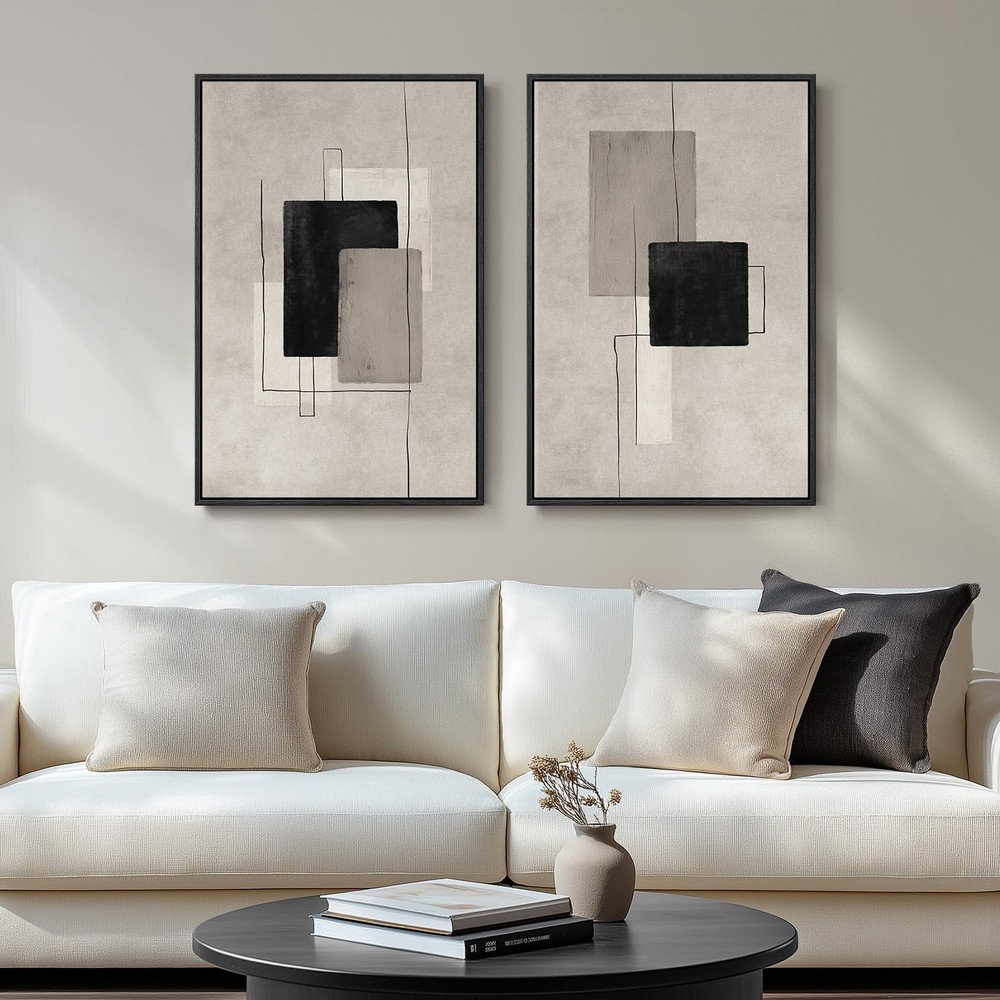 Large Framed Neutral Abstract Wall Art for Living Room, Set of 2 Black and Be...