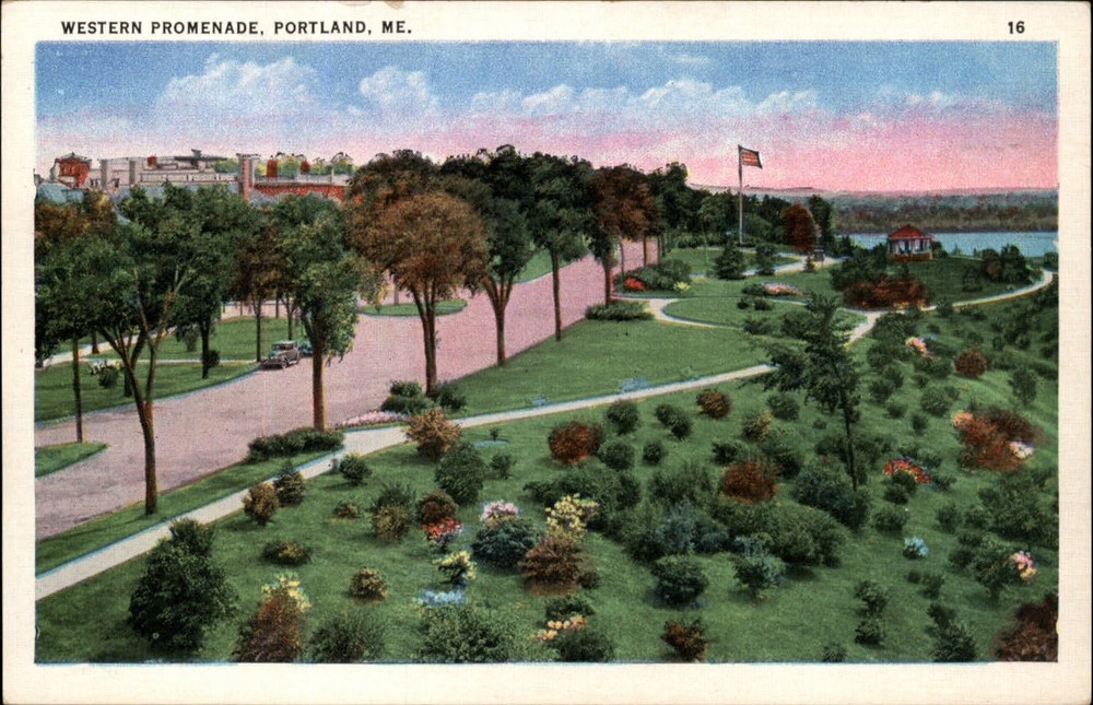 Portland Maine Western Promenade Park American Flag aerial vintage postcard