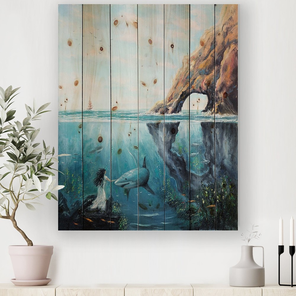 Designart 'Underwater Fairy And Shark Ocean And MountaIn
