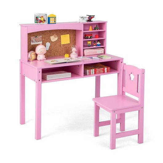 Pink Kids Desk and Chair Set with Hutch & Bulletin Board for Ages 3+  