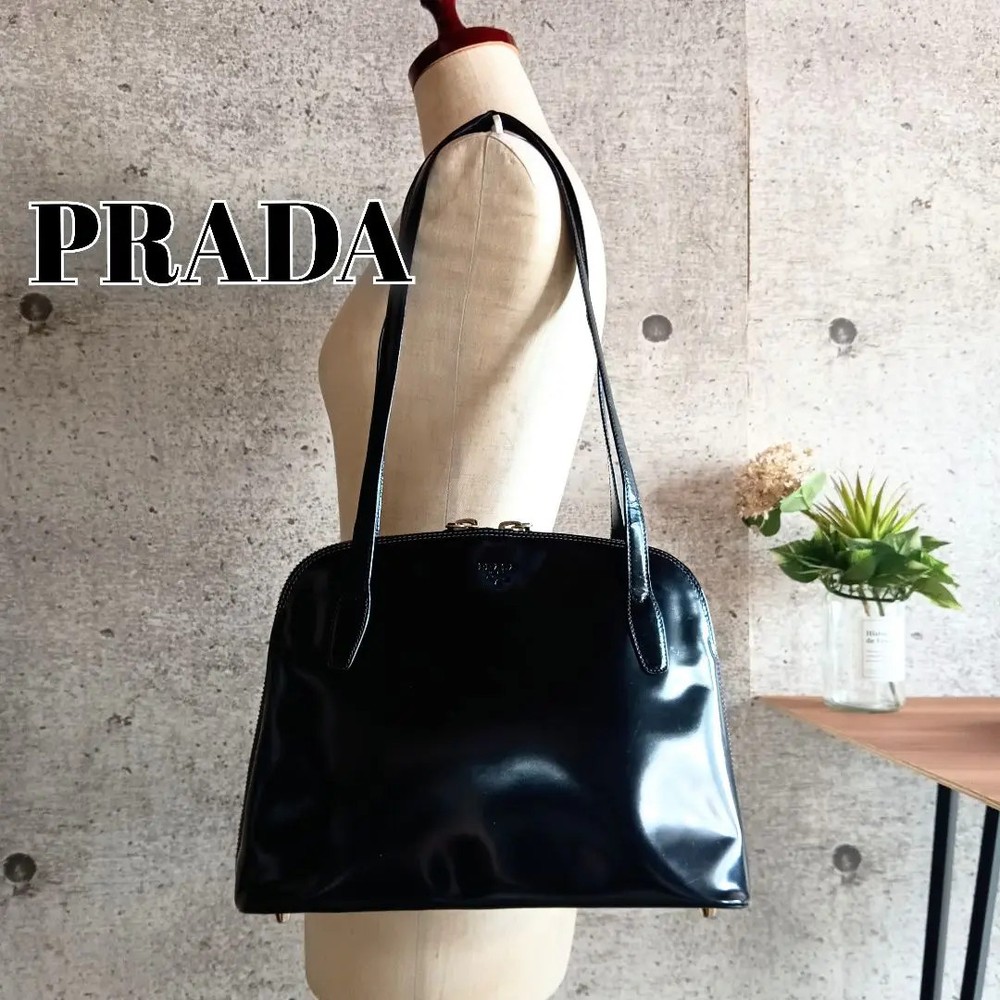 PRADA Vintage Black Patent Leather Logo Shoulder Tote Bag with Dust Bag Authentic