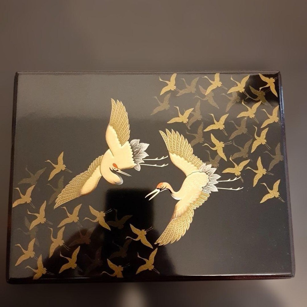 Lacquerware Crane Design Box with Gold Black Finish Storage Container