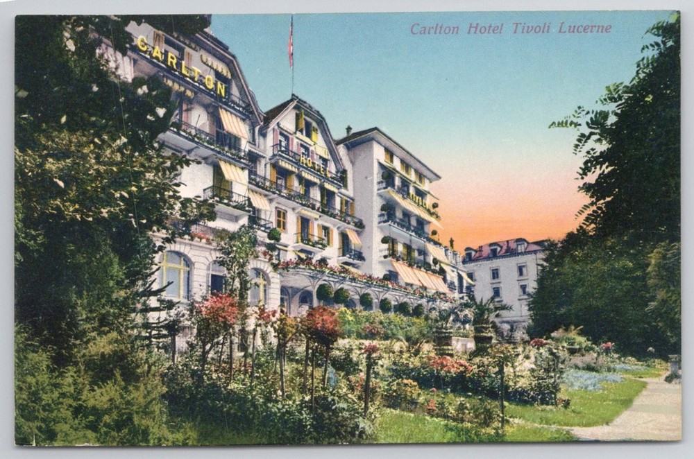 Carlton Hotel Tivoli Lucerne Switzerland Vintage Postcard Brügger