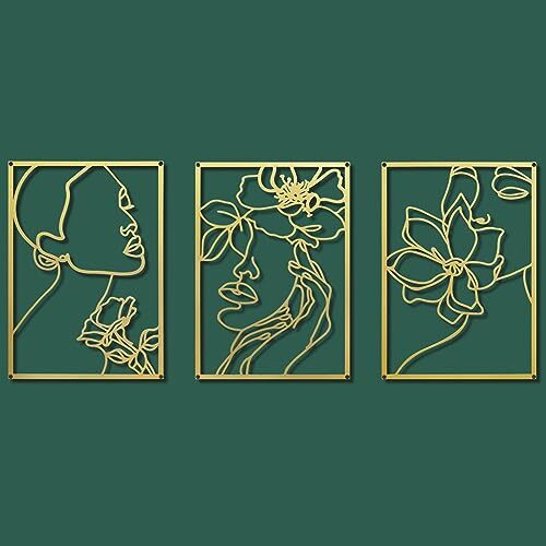 Gold Metal Wall Decor 3 Pieces Minimalist Abstract Wall Art Women Face with F...-image