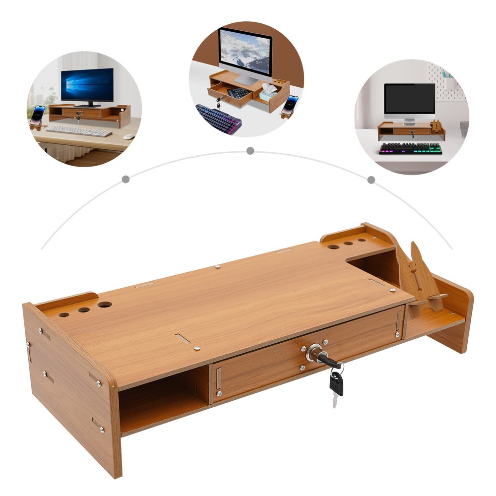 Monitor Stand Riser – Adjustable Height Desk Organizer with Lockable Drawer and