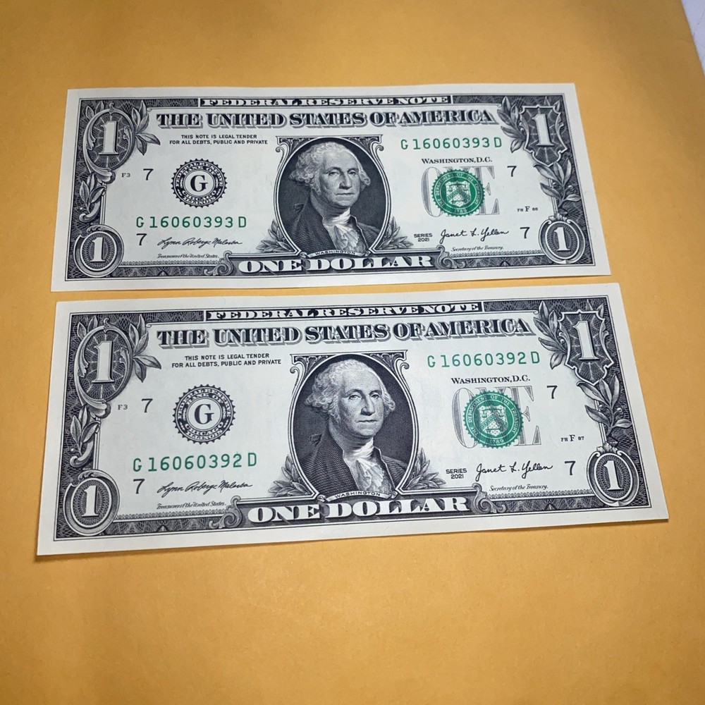 2021 $1 Dollar Bills Lot of 2 - Consecutive Serial Numbers, Sequential - Crisp