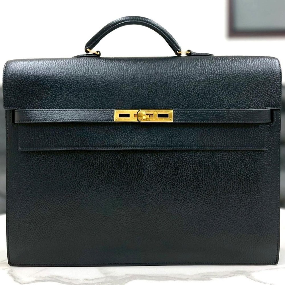 Hermes Kelly Depeche 38 Black Leather Business Bag Used with Minor Wear