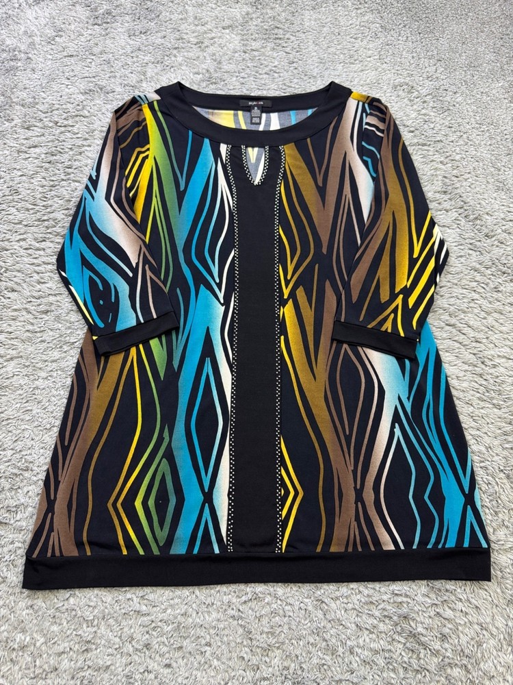 Style&Co Top Women XL Artsy Watercolor Geometric 3/4 Sleeve Keyhole Tunic Blouse