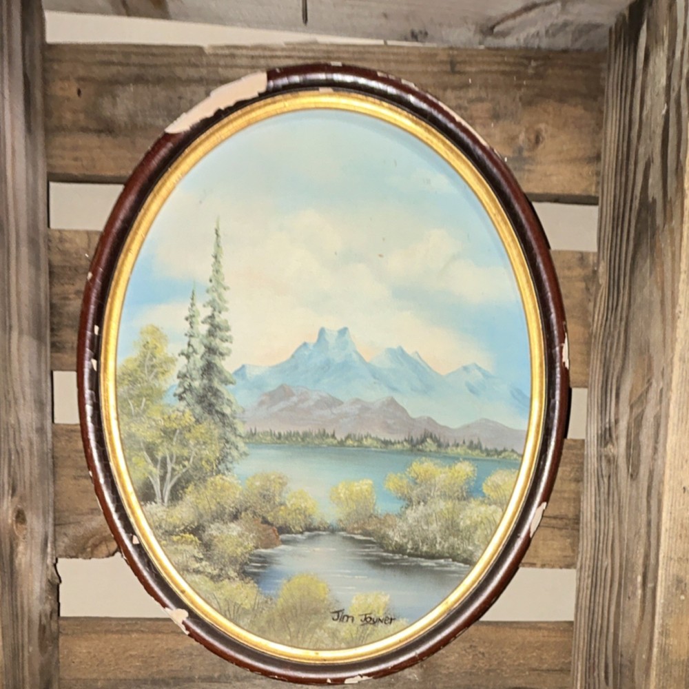 Jim Joyner  Signed Mountain River Landscape Oil Painting Framed Oval 11x14
