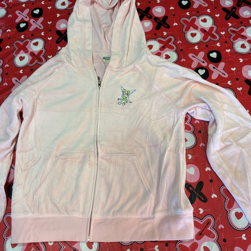 Disney Tink Tinkerbell Fleece Jacket Women's Size L Hoodie Embroidered Pink Zip