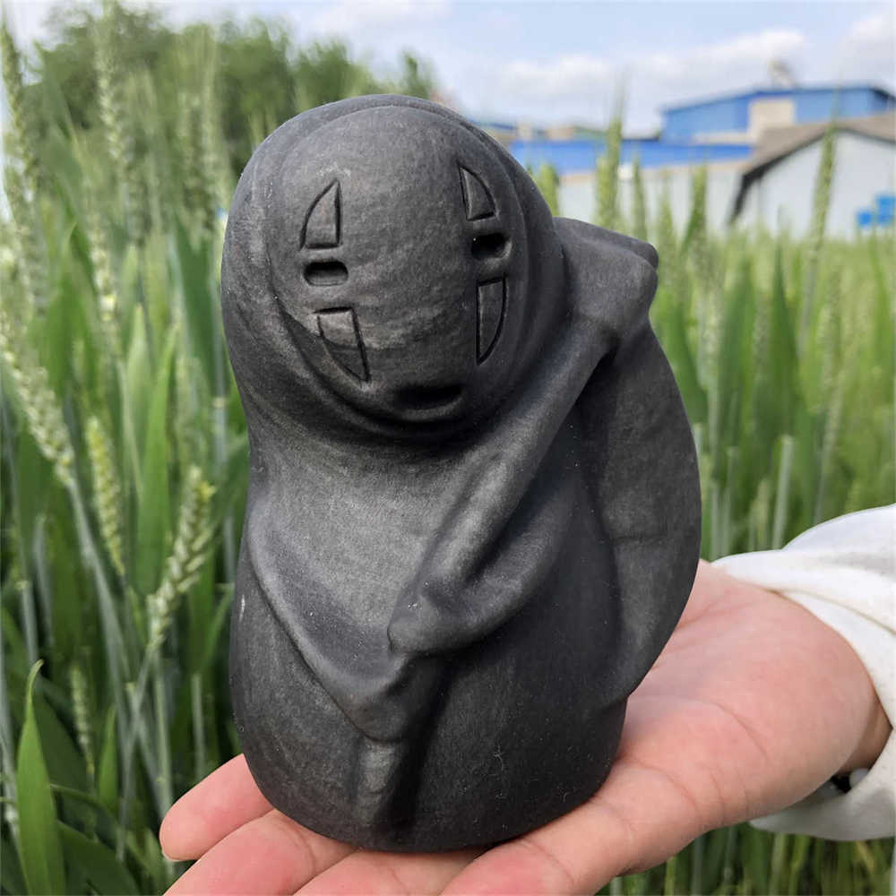 940g Hand Carved Natural obsidian No-Face Figurines Reiki Quartz Crystal Skull D