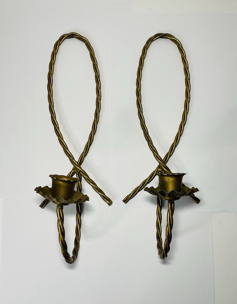 Vintage Pair Of Gold Twisted Rope Metal Wall Candle Holders Sconces Candelabra
