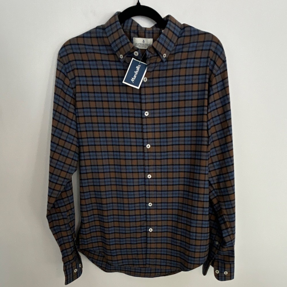Chatham Road Men's Plaid Brown Blue Stretch Button-Down Shirt Long Sleeve M