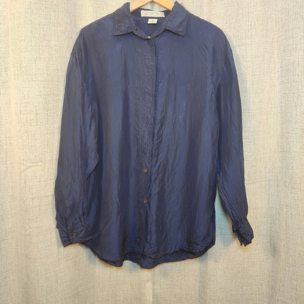 VTG Christine Parker Silk Button Up Shirt Womens M Navy Blue Placket Lightweight